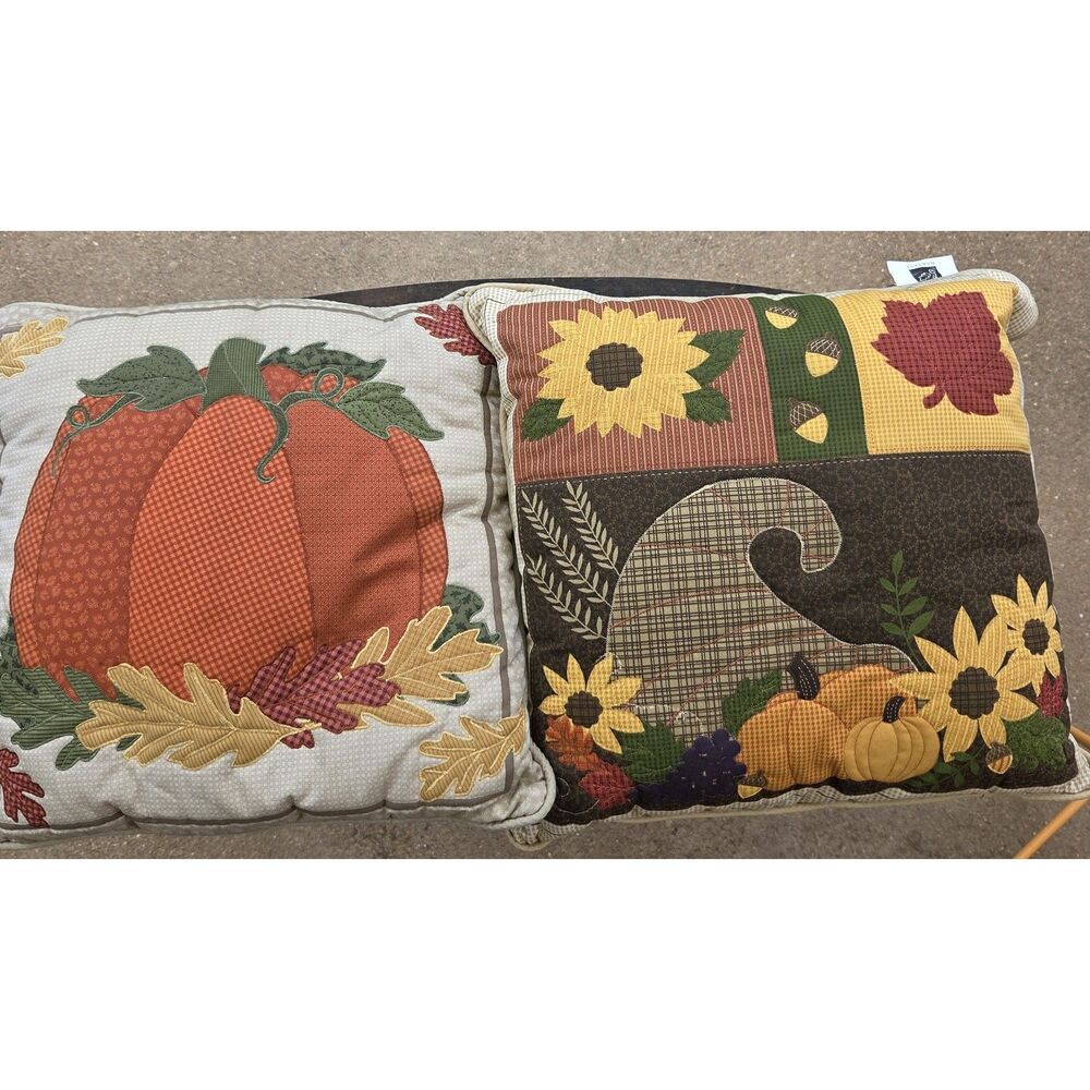 Set of 2 Fall Harvest Pillows Pumpkin Turkey Sunflower Thanksgiving 17x17